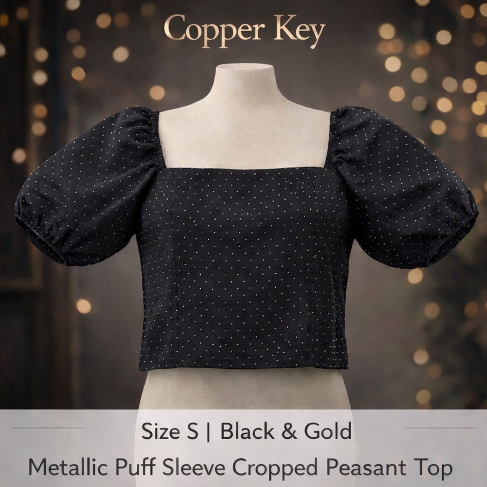 Copper Key Black/Gold Metallic Puff Sleeved Cropped Peasant Top NWT- S